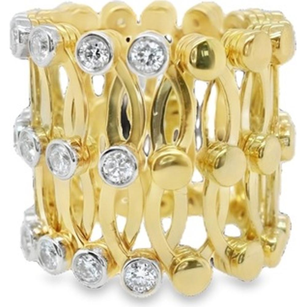 18K Yellow and White Gold Wide Band Ring with Bezel-Set Round Diamonds by Afarin