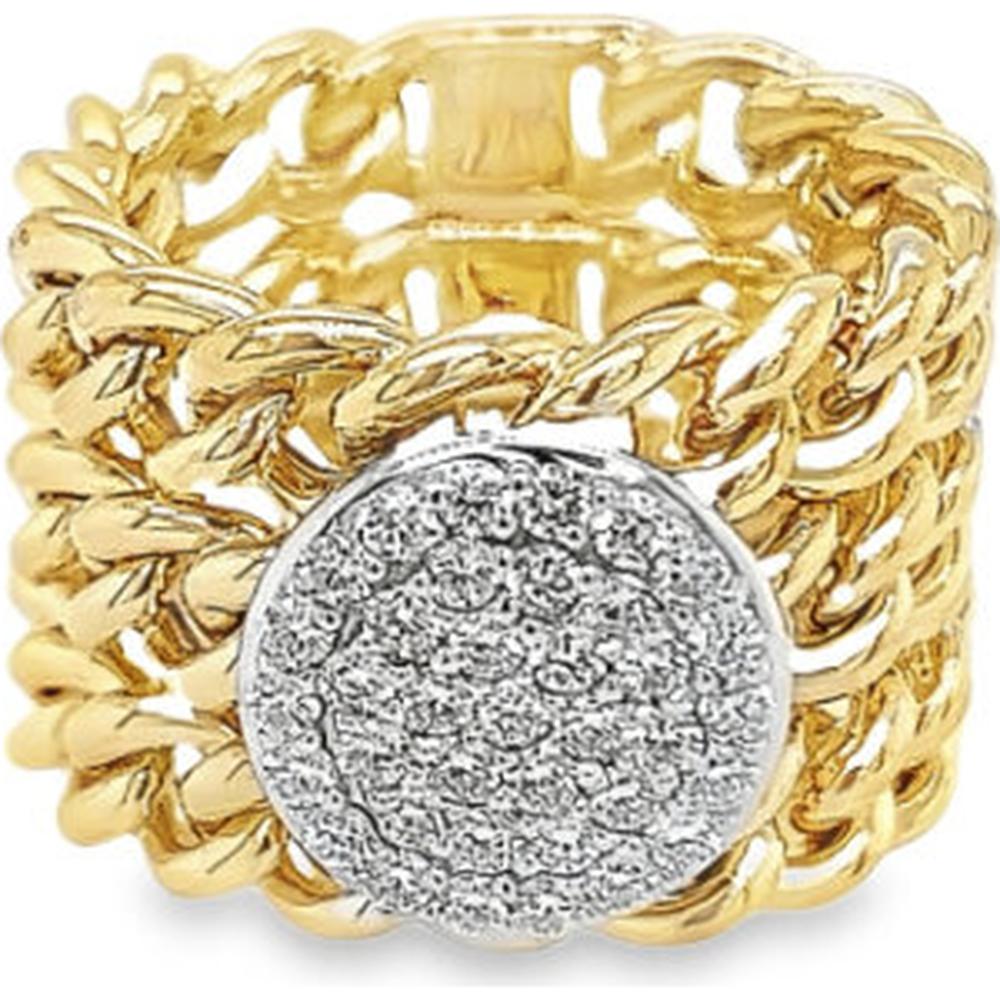 18K Yellow and White Gold Wide Chain Link Ring with Pavé Set Round Diamonds by Afarin