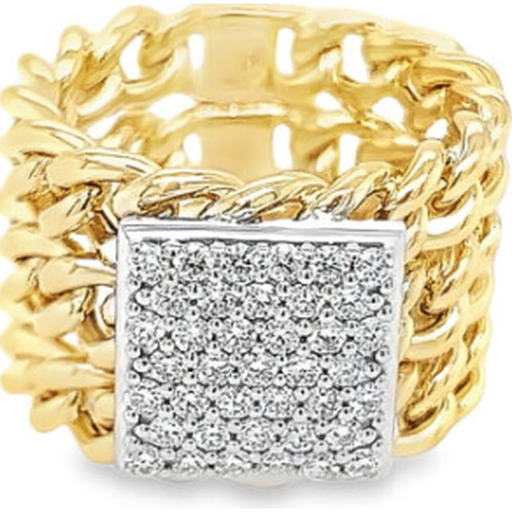 18K Yellow and White Gold Wide Link Ring with Square Pavé Diamond Top by Afarin