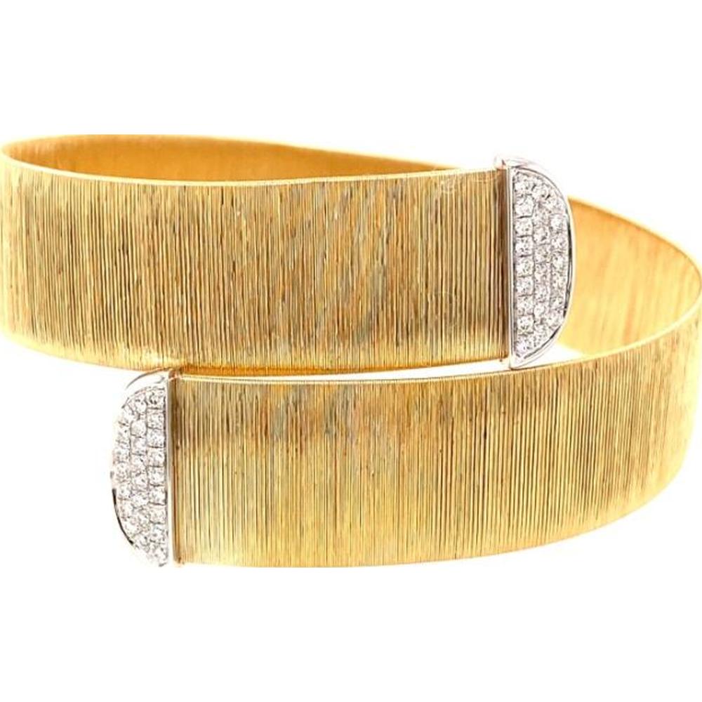 18K Yellow and White Gold Wide Textured Diamond Bangle Bracelet by Afarin