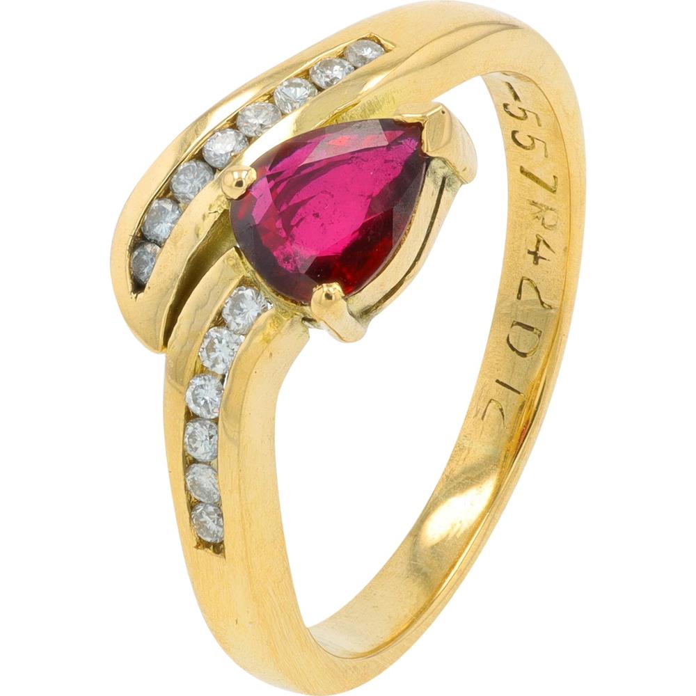 18K Yellow Gold 0.42 Carat Total Weight Pear Ruby Bypass Ring with 0.12 Carat Diamond Accents