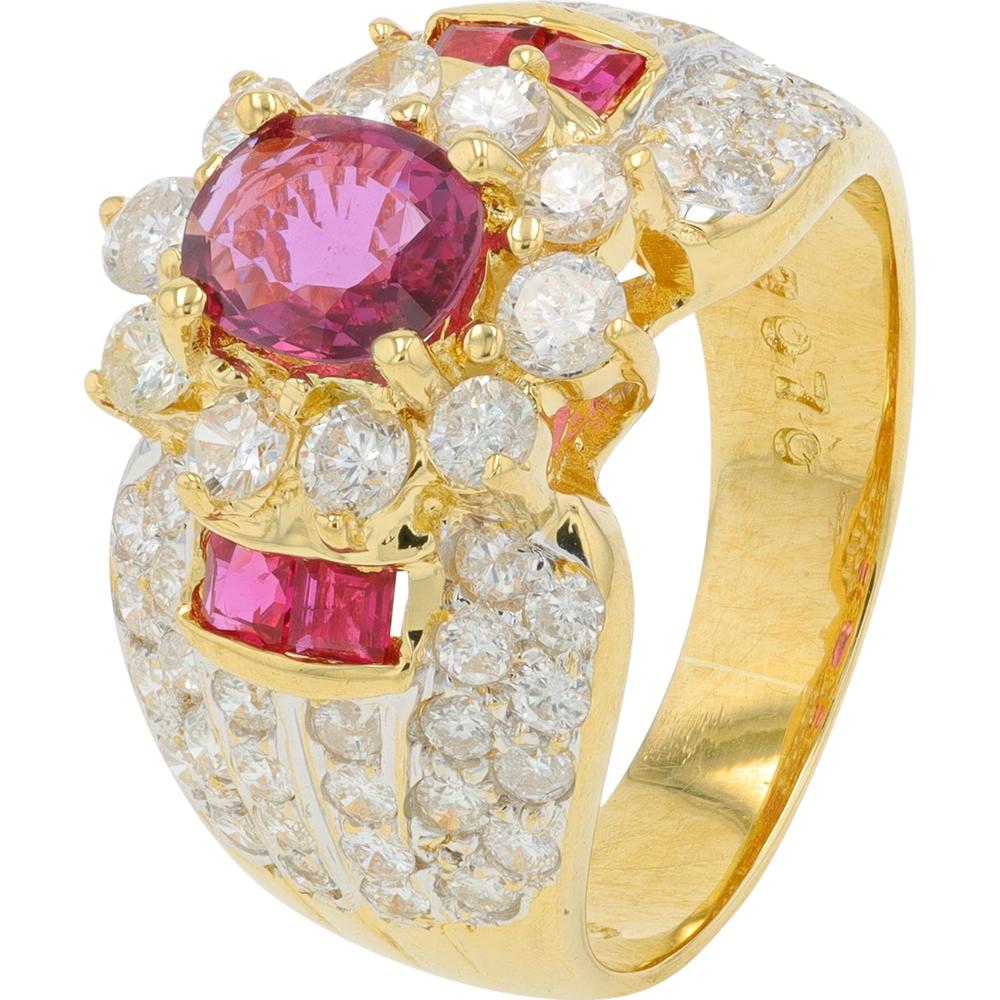 18K Yellow Gold 0.70 Carat Ruby Ring with 1.58 Carat Total Diamond Accents