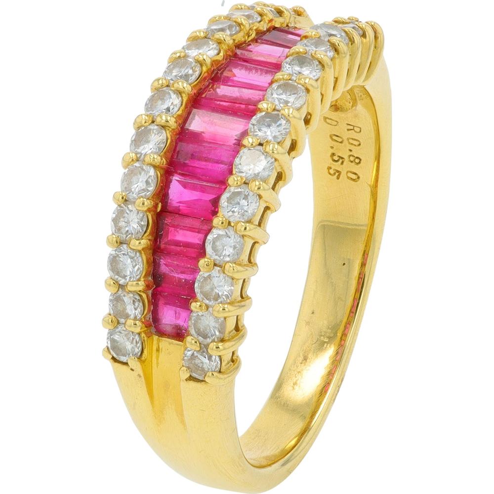 18K Yellow Gold 0.80 Carat Ruby Band with 0.55 Carat Round Diamonds - Channel and Prong Set