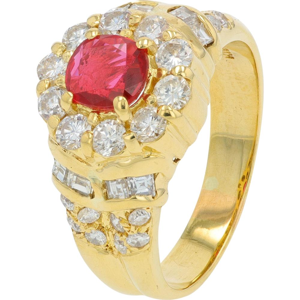 18K Yellow Gold 0.92 Carat Ruby and Diamond Halo Ring - 1.32 Carat Total Diamond Weight