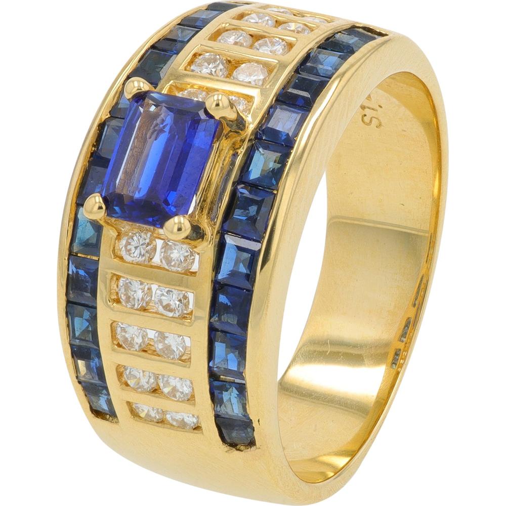 18K Yellow Gold 1.271 Carat Emerald Cut Sapphire Ring with 0.82 Carats Diamond Accents