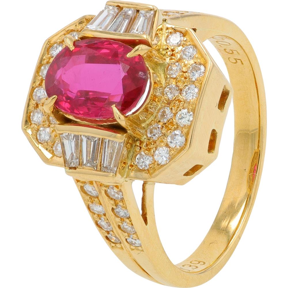 18K Yellow Gold 1.39 Carat Oval Ruby Ring with 0.55 Carat Diamond Accents
