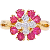 18K Yellow Gold 1.43 Carat Ruby & 0.45 Carat Diamond Floral Cluster Ring