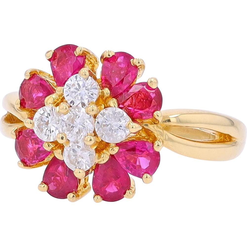 18K Yellow Gold 1.43 Carat Ruby & 0.45 Carat Diamond Floral Cluster Ring