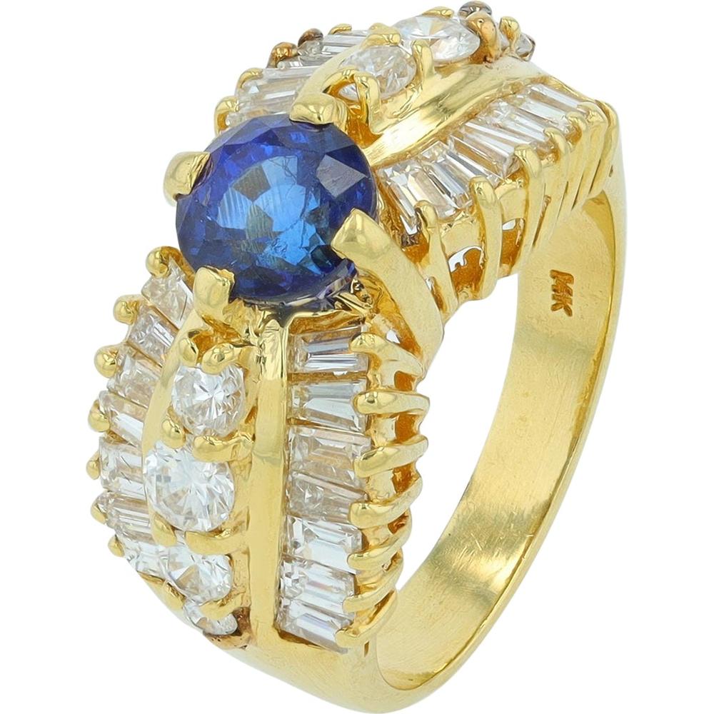 18K Yellow Gold 1.75 Carat Round Sapphire Ring with 2.50 Carat Diamond Accents