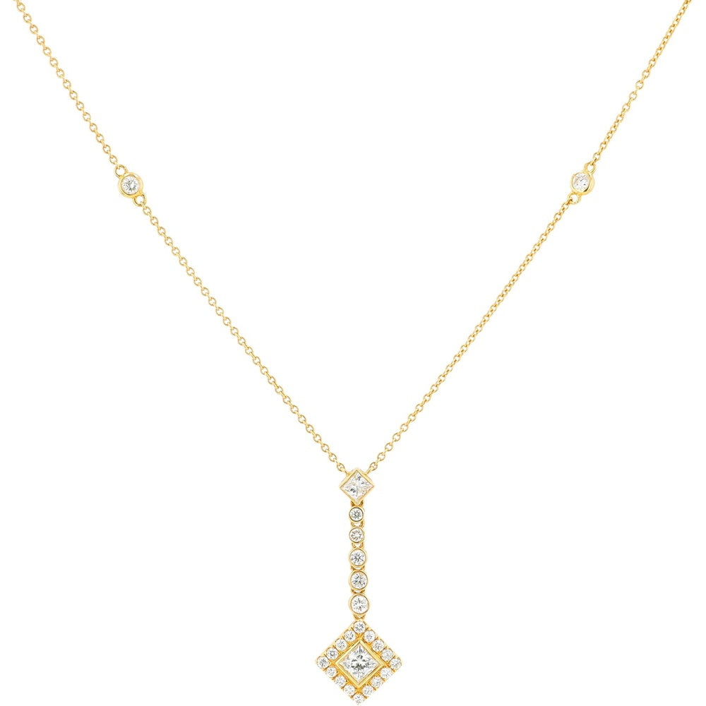 18K Yellow Gold 1.77 Carat Diamond Adjustable Drop Necklace with Halo and Bezel-Set Milgrain Details