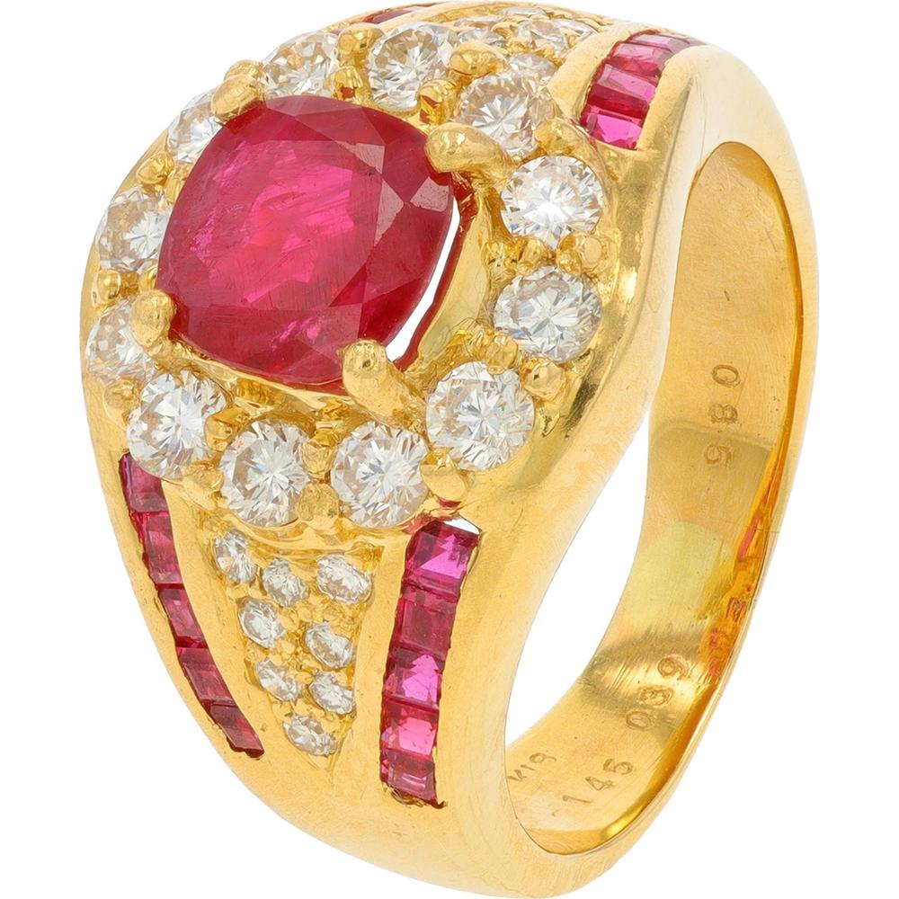 18K Yellow Gold 1.84 Carat Ruby Ring with 0.85 Carat Total Diamond Halo - Luxury Statement Ring