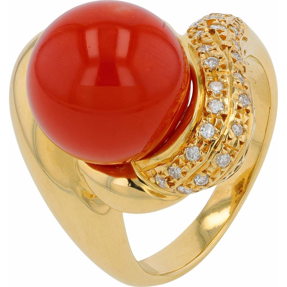 18K Yellow Gold 10.65mm Coral Bypass Ring with Diamond Accent - 0.10 Carats Total Diamond Weight