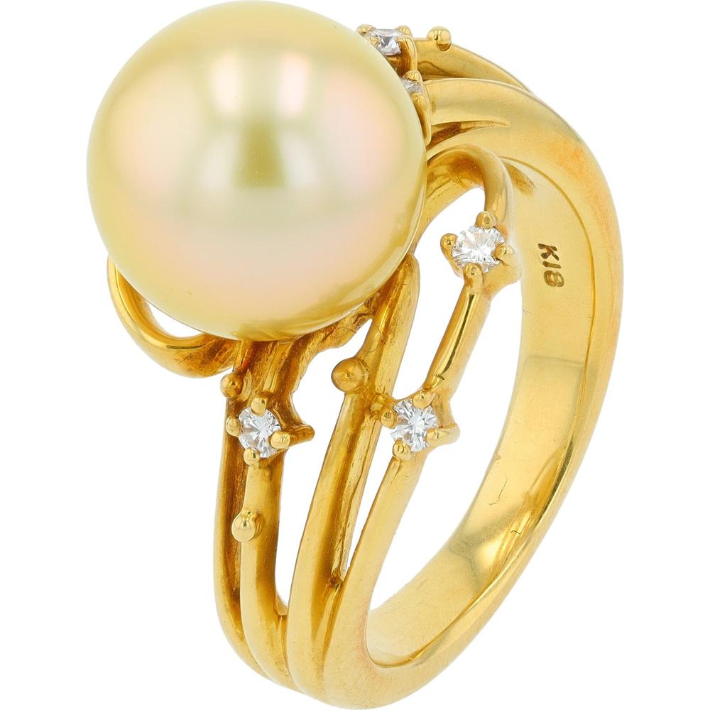 18K Yellow Gold 10MM Pearl Ring with 0.08 Carat Total Diamond Accents