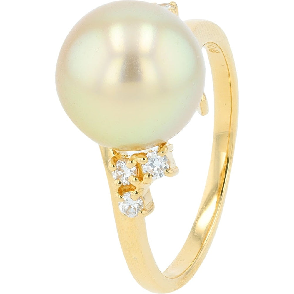 18K Yellow Gold 10mm Pearl Ring with Prong-Set Round Diamond Accents - 0.11 Carat Total Diamond Weight