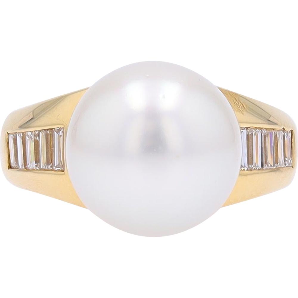 18K Yellow Gold 11.6MM Pearl Ring with Baguette Diamonds - 0.55 Carats Total Diamond Weight