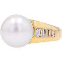 18K Yellow Gold 11.6MM Pearl Ring with Baguette Diamonds - 0.55 Carats Total Diamond Weight