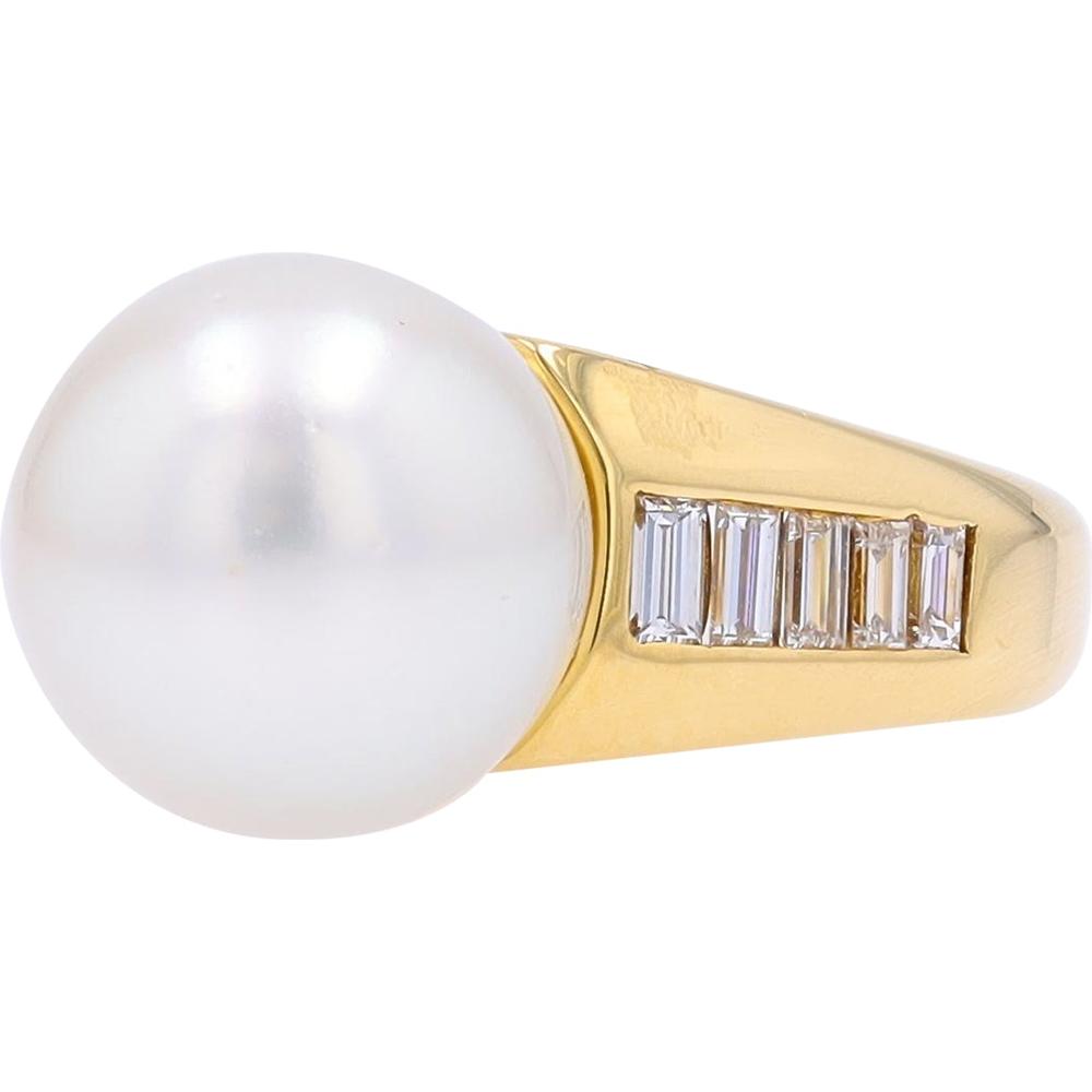 18K Yellow Gold 11.6MM Pearl Ring with Baguette Diamonds - 0.55 Carats Total Diamond Weight