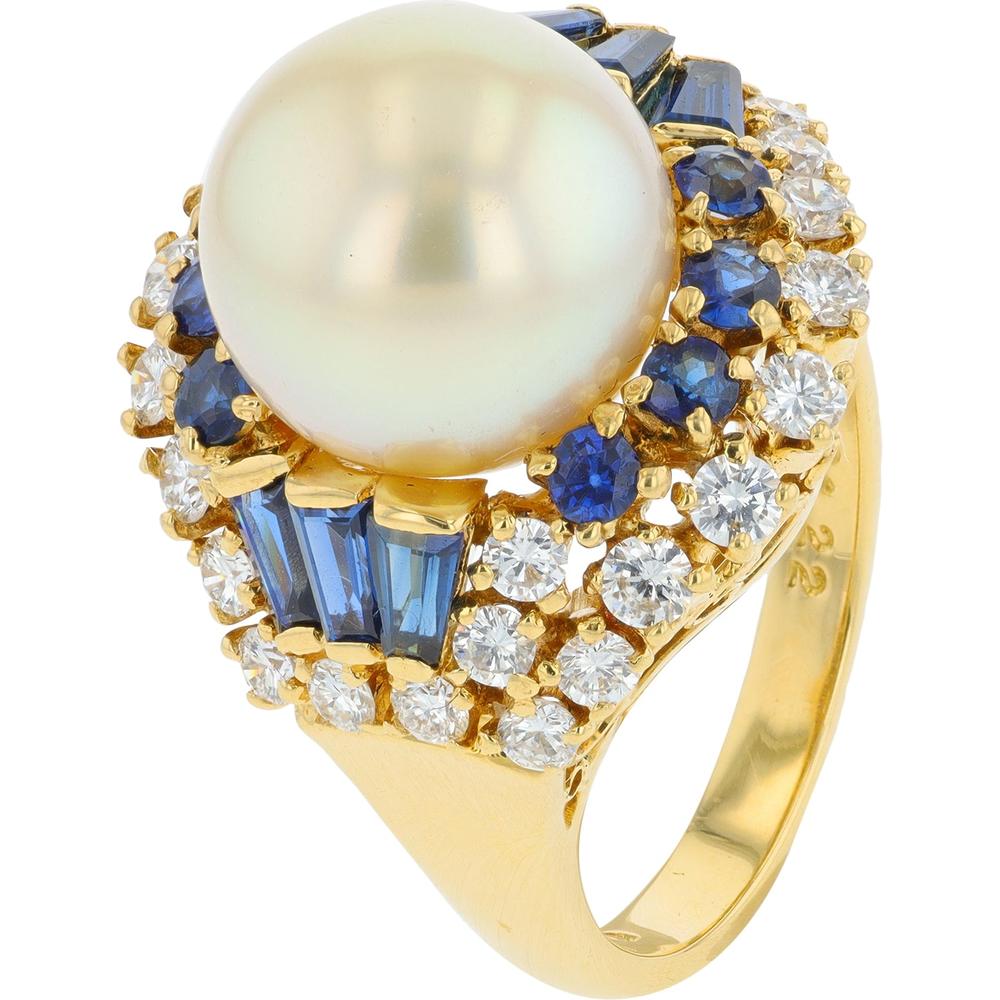 18K Yellow Gold 11 MM Pearl Center Cocktail Ring with Sapphire and Diamond Accents - 1.22 Carats Sapphire and 0.89 Carats Diamond Total Weight