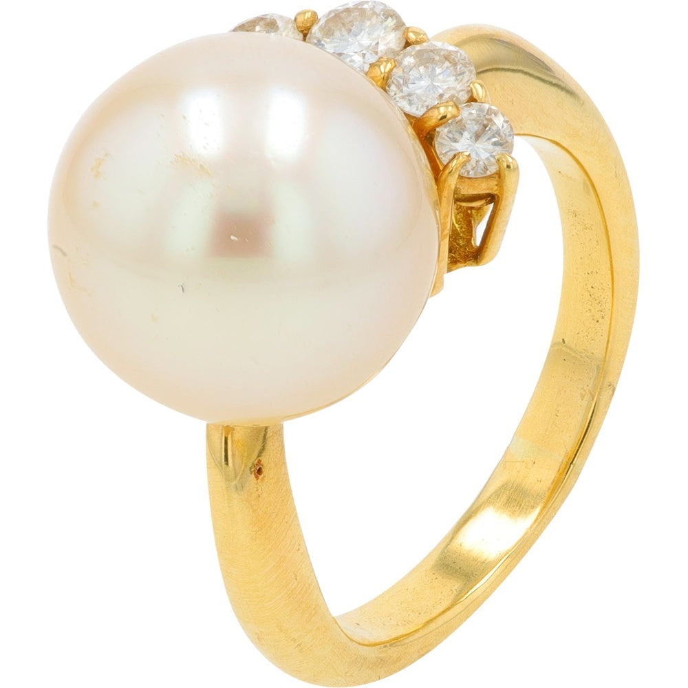 18K Yellow Gold 11mm Pearl Statement Ring with Round Diamond Accents - 0.39 Carat Total Diamond Weight