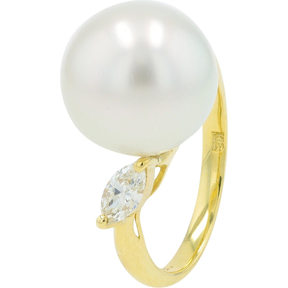 18K Yellow Gold 12.6mm Pearl Ring with Marquise Diamond Accent - 0.02 Carat Total Diamond Weight