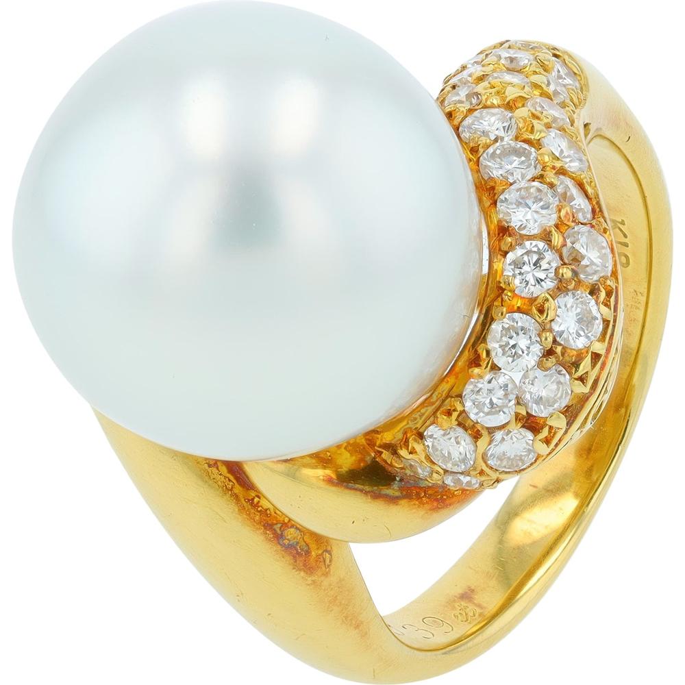 18K Yellow Gold 12.7mm Pearl Ring with 0.39 Carat Diamond Halo