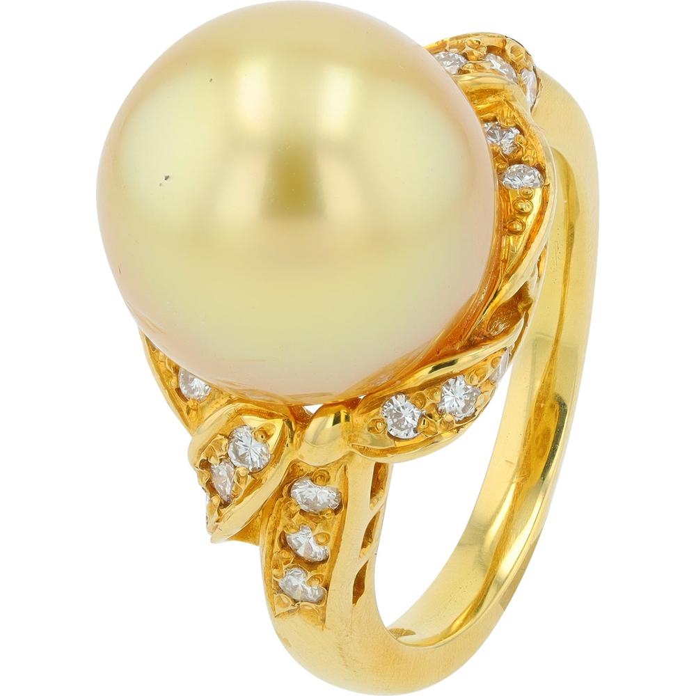18K Yellow Gold 12mm Golden Pearl Ring with 0.29 Carat Diamond Accents