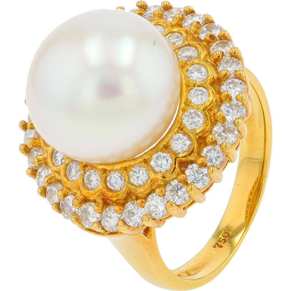 18K Yellow Gold 12MM Pearl Cocktail Ring with 1.24 Carat Prong - Set Diamond Halo