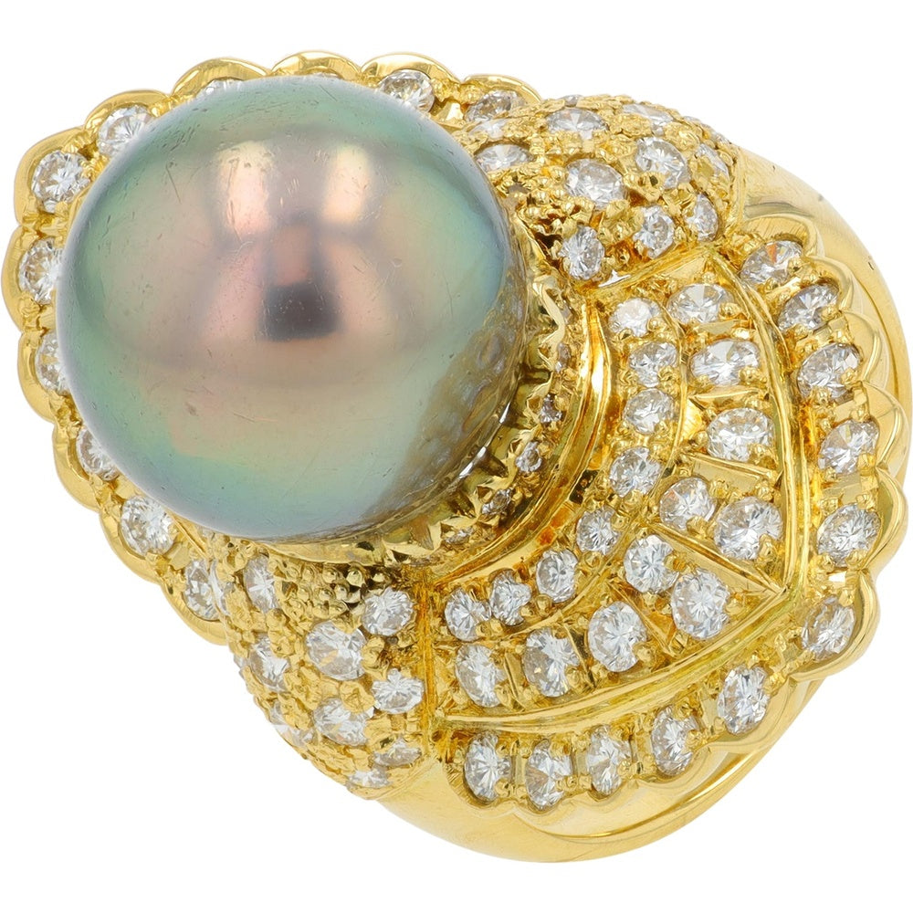 18K Yellow Gold 12mm Pearl Cocktail Ring with Pavé Set Round Diamonds - 1.81 Carat Total Diamond Weight