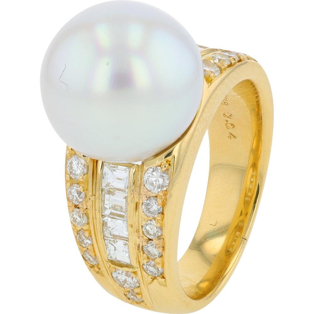 18K Yellow Gold 12mm Pearl Ring with 1.04 Carat Total Diamond Weight in Channel Setting