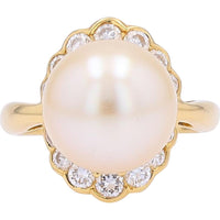 18K Yellow Gold 12MM Pearl Ring with Diamond Halo - 0.81 Carat Total Diamond Weight