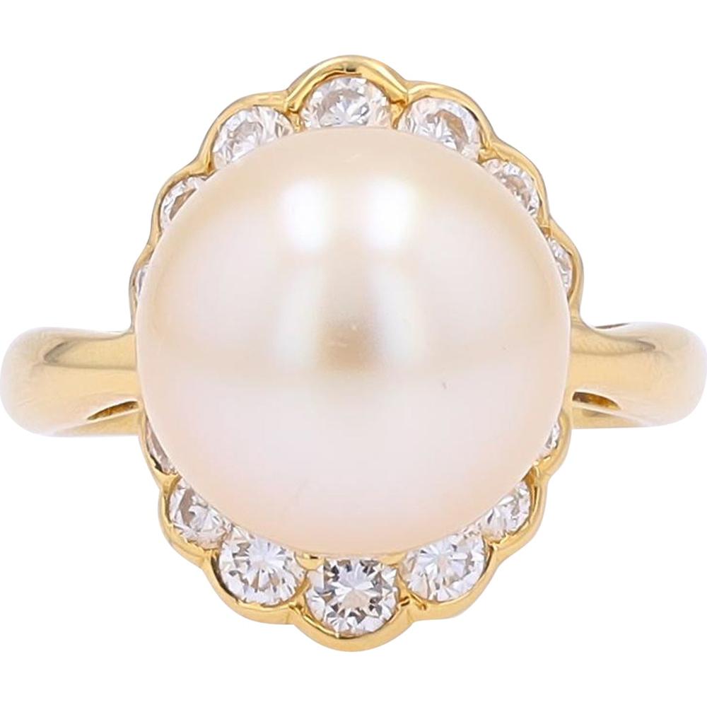 18K Yellow Gold 12MM Pearl Ring with Diamond Halo - 0.81 Carat Total Diamond Weight