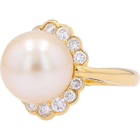 18K Yellow Gold 12MM Pearl Ring with Diamond Halo - 0.81 Carat Total Diamond Weight