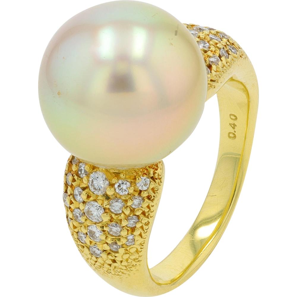 18K Yellow Gold 13.2mm Pearl Ring with 0.40 Carat Pavé Diamonds