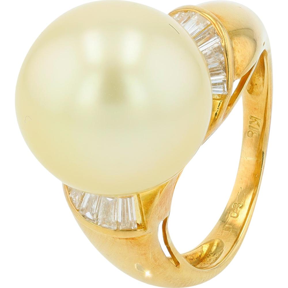 18K Yellow Gold 13.4mm Pearl Ring with Diamond Accents - 0.03 Carat Total Diamond Weight