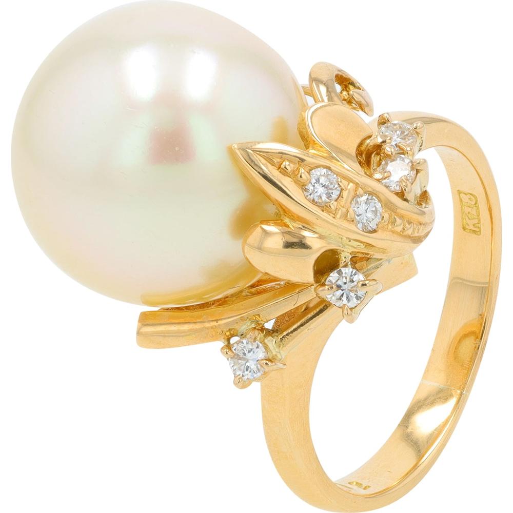 18K Yellow Gold 13mm Pearl Ring with Diamond Accents - 0.12 Carat Total Diamond Weight