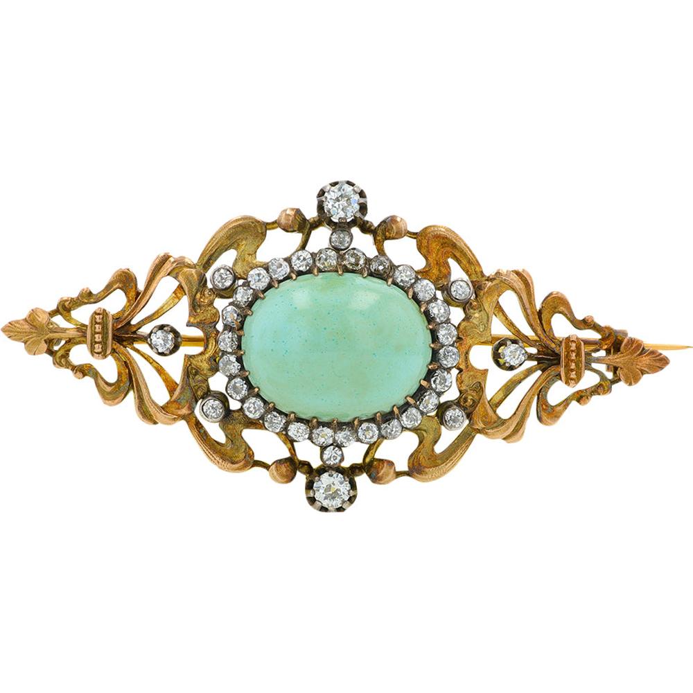 18K Yellow Gold 15.81 Carat Turquoise Brooch with 1.17 Carat Diamond Accents - 1930s Filigree Design