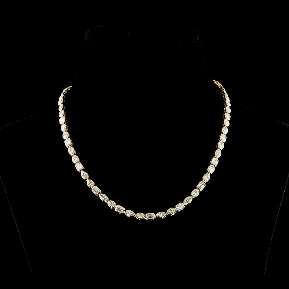 18K Yellow Gold 16.57 Carats Mixed Shape Tennis Necklace with Bezel Set Emerald, Marquise & Oval Lab Diamonds - E-F VVS2 - Covaloro Fine Jewelry
