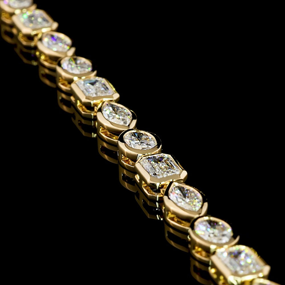 18K Yellow Gold 16.57 Carats Mixed Shape Tennis Necklace with Bezel Set Emerald, Marquise & Oval Lab Diamonds - E-F VVS2 - Covaloro Fine Jewelry