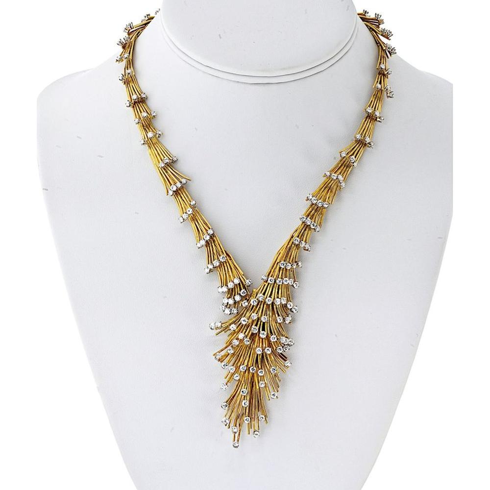 18K Yellow Gold 16" Vintage Spray Necklace with Round Diamonds - 10.00 Carat Total Diamond Weight