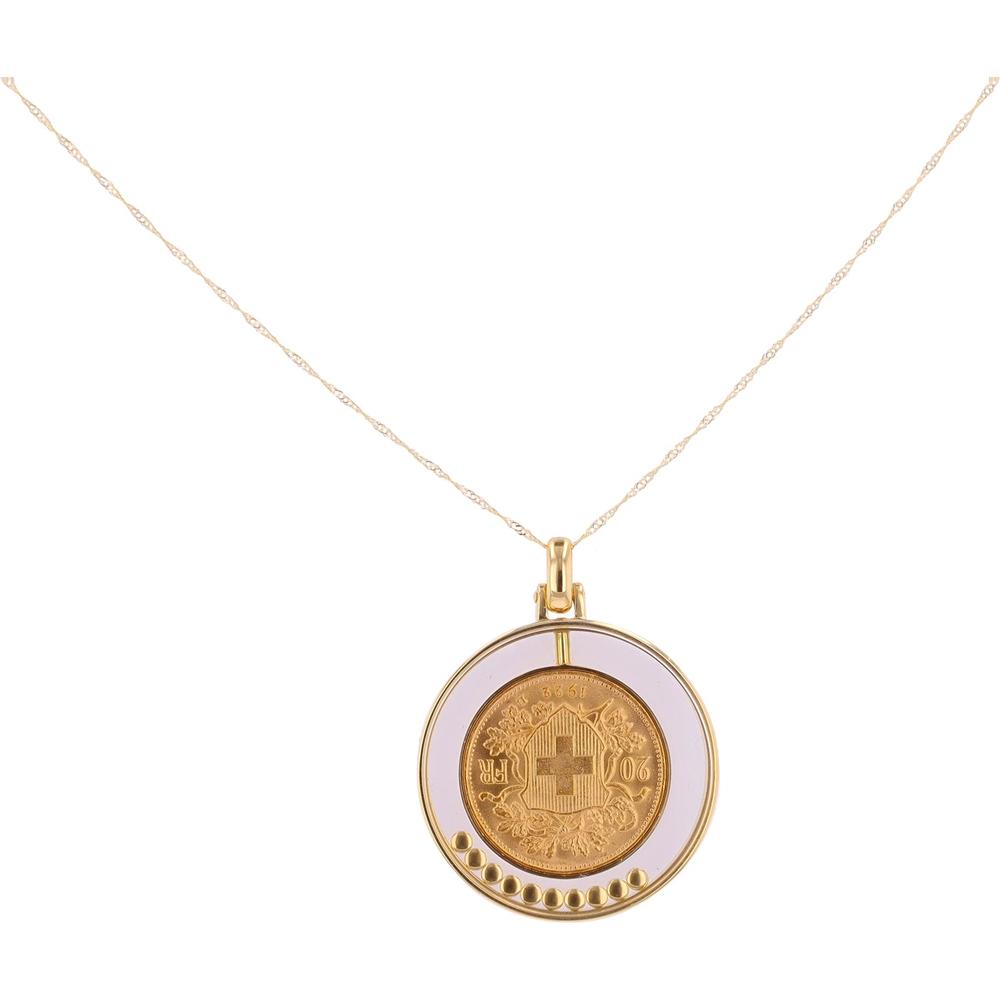 18K Yellow Gold 1922 Helvetia Coin Pendant with 0.35 Carats Diamond Accents and White Enamel Frame