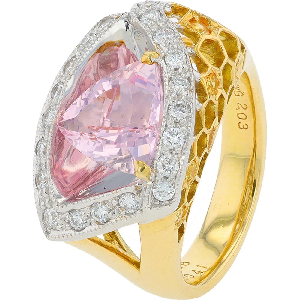 18K Yellow Gold 2.03 Carat Trillion Cut Morganite Ring with 0.41 Carats Diamond Halo and Sapphire Accents