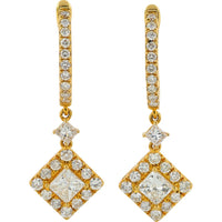 18K Yellow Gold 2.09 Carat Diamond Dangle Earrings with Princess Cut Center Stones and Round Diamond Halo