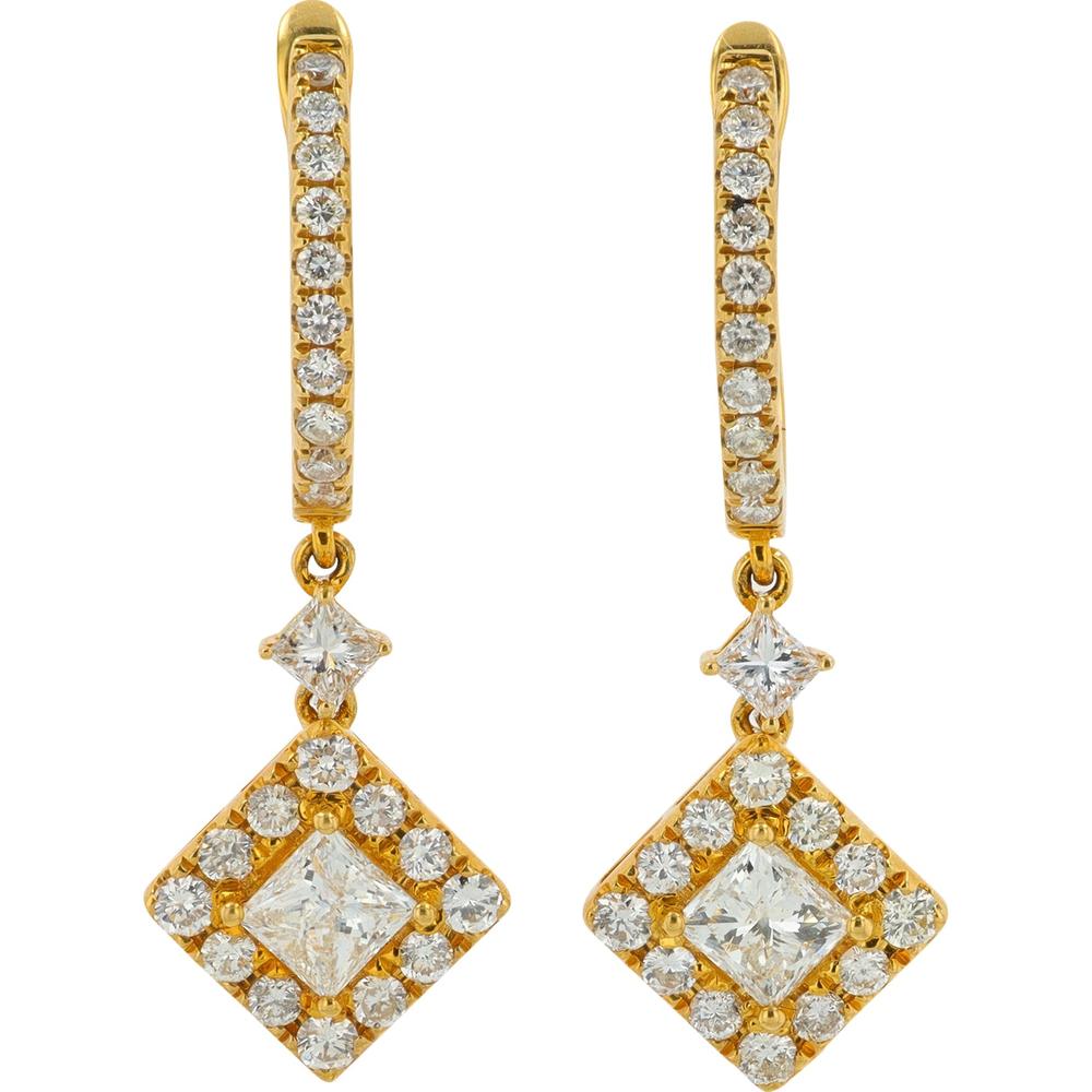 18K Yellow Gold 2.09 Carat Diamond Dangle Earrings with Princess Cut Center Stones and Round Diamond Halo