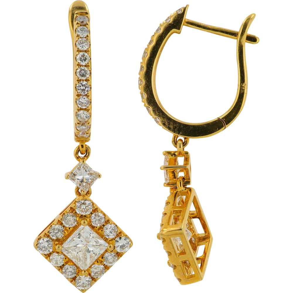 18K Yellow Gold 2.09 Carat Diamond Dangle Earrings with Princess Cut Center Stones and Round Diamond Halo