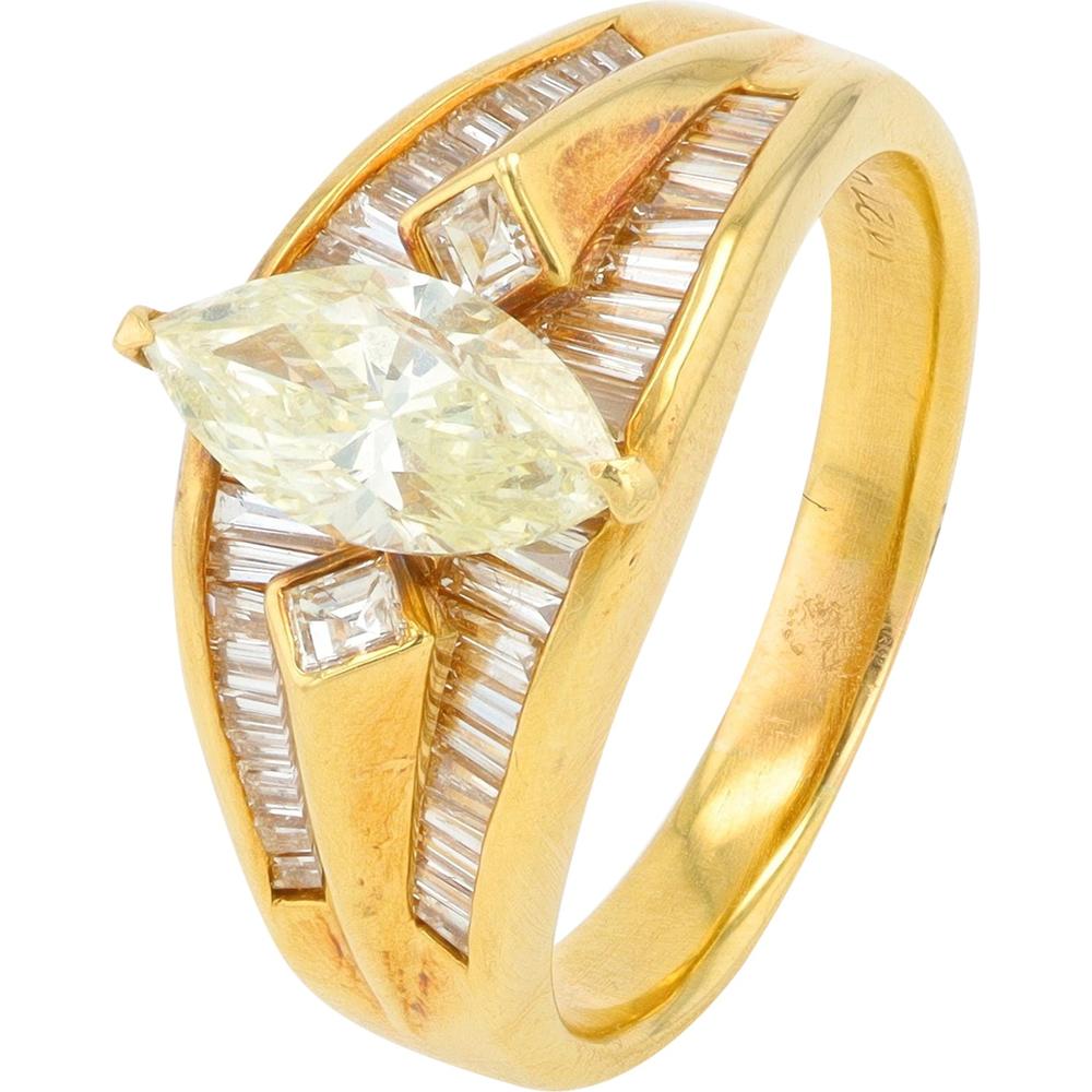 18K Yellow Gold 2.12 Carat Marquise Diamond Engagement Ring - 1.27 Carat Center Diamond