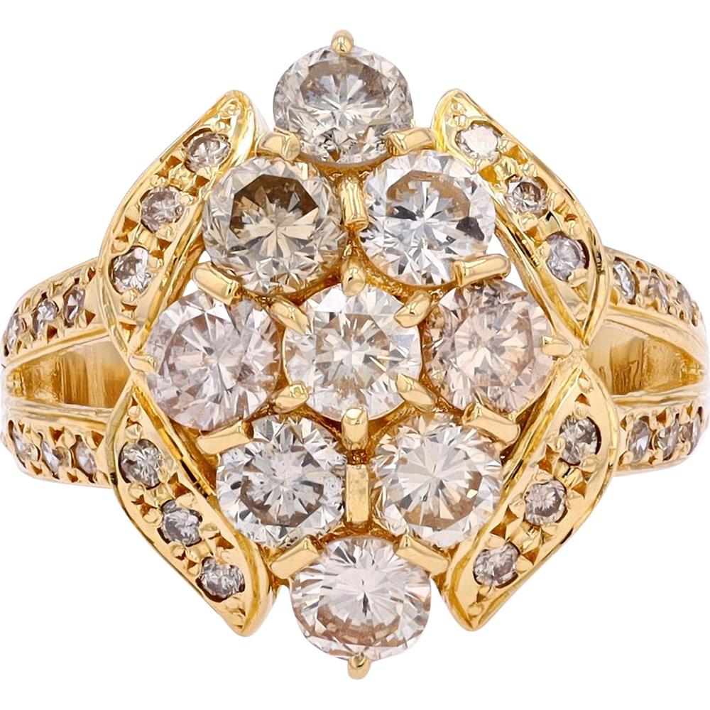 18K Yellow Gold 2.20 Carat Total Weight Floral Cluster Diamond Ring