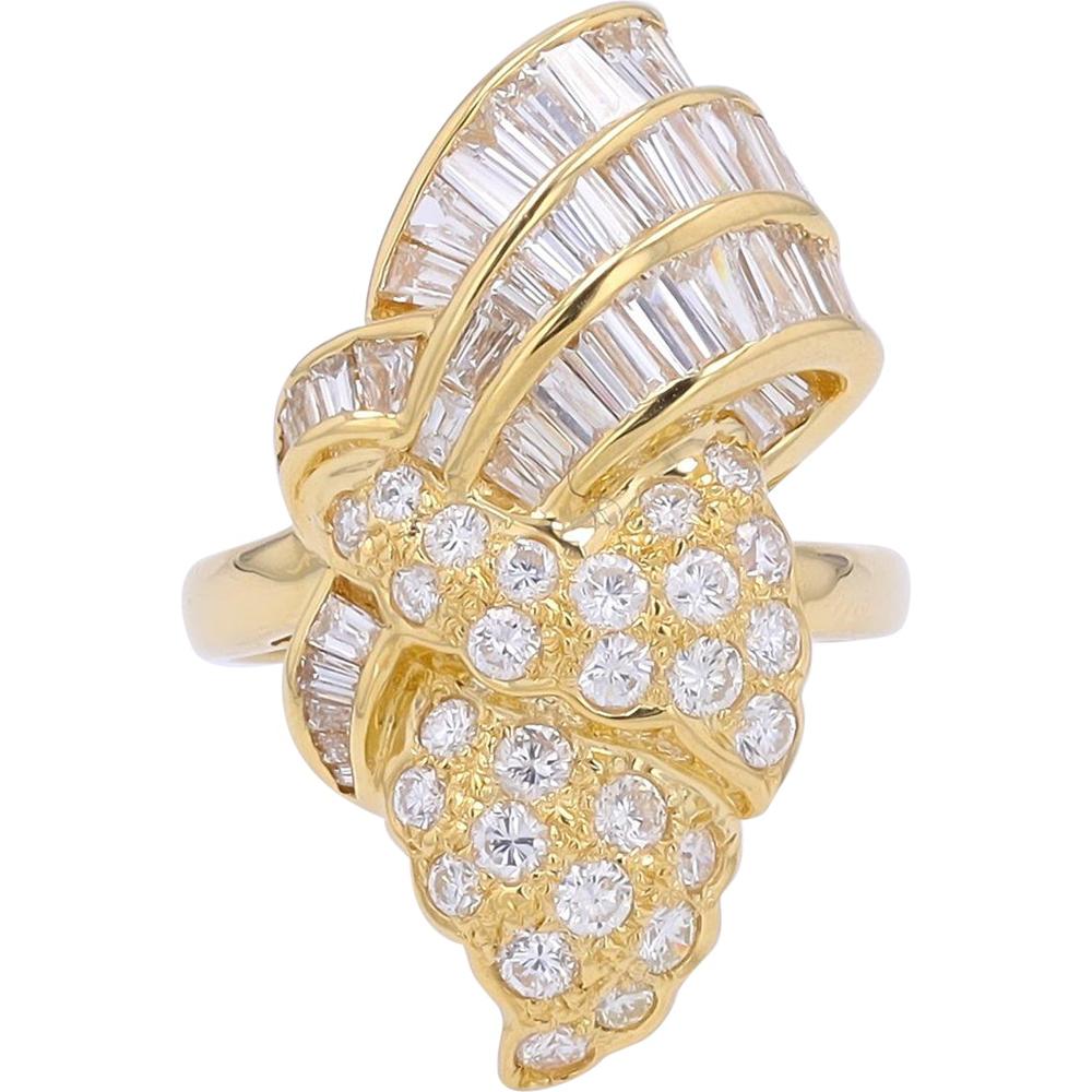 18K Yellow Gold 2.47 Carat Diamond Free Form Statement Ring with Baguette and Round Diamonds