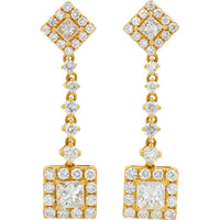 18K Yellow Gold 2.58 Carat Diamond Dangle Earrings with Princess Cut Centers and Pavé Halo