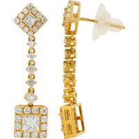 18K Yellow Gold 2.58 Carat Diamond Dangle Earrings with Princess Cut Centers and Pavé Halo