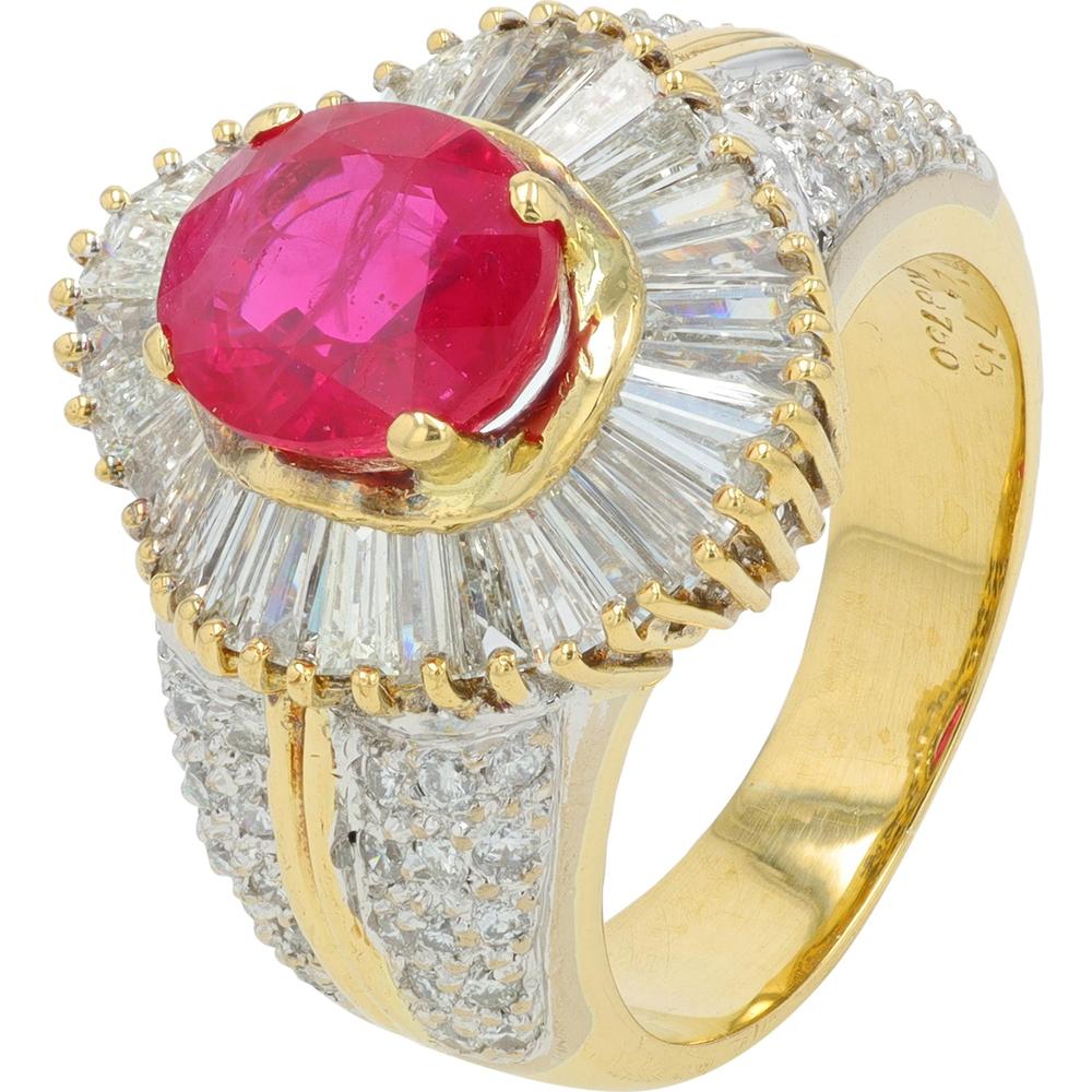 18K Yellow Gold 2.715 Carat Ruby Ring with 1.33 Carat Diamond Halo and Pavé Band